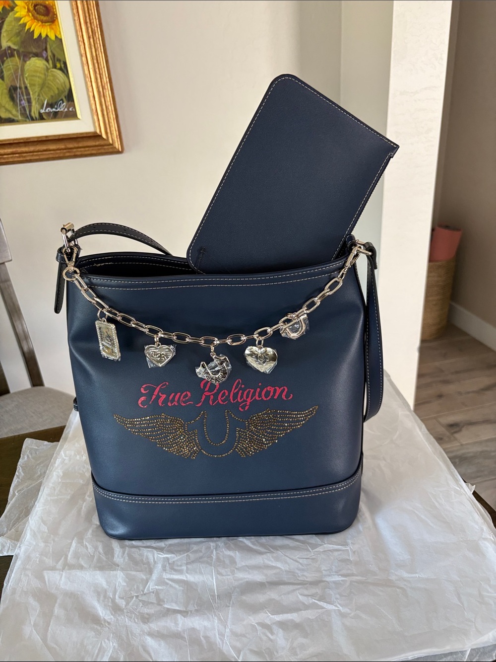 True Religion Faux Navy Leather Charm Shoulder Bag
